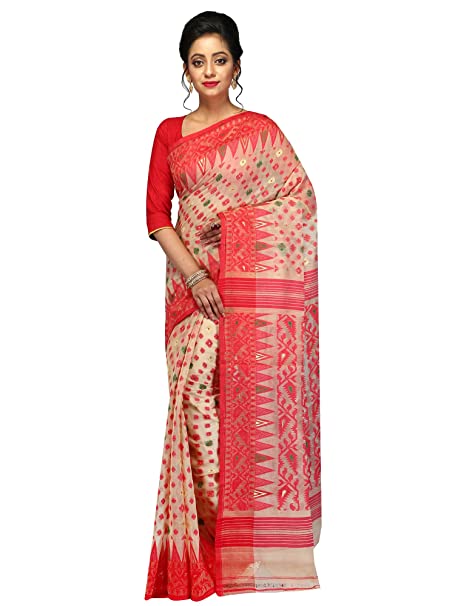 Awesome Red Handwoven Cotton Linen Floral Jamdani Saree - Loomfolks